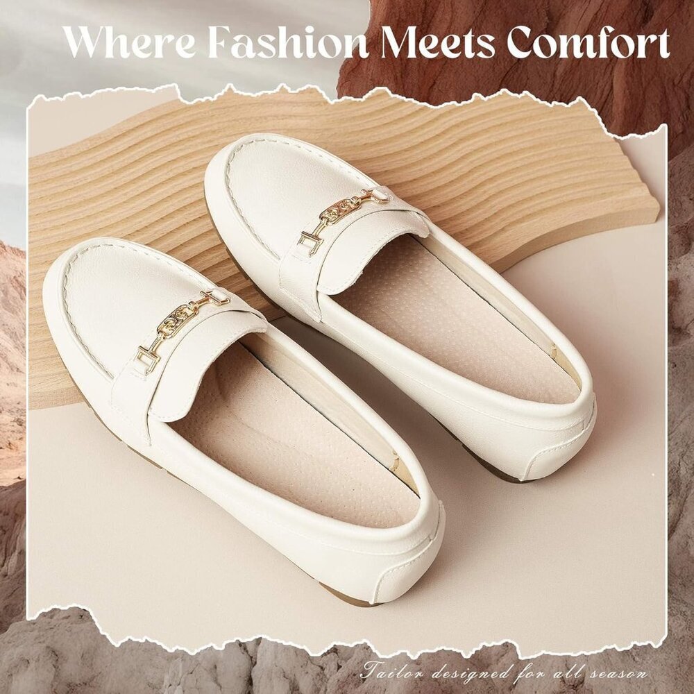 Women’s White Leather Polyurethane Comfortable Casual Slip On Loafer Flat Shoes - Picture 7 of 9